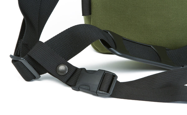 Cafe Bag Messenger Stabilizer attached to Olive Cafe Bag.